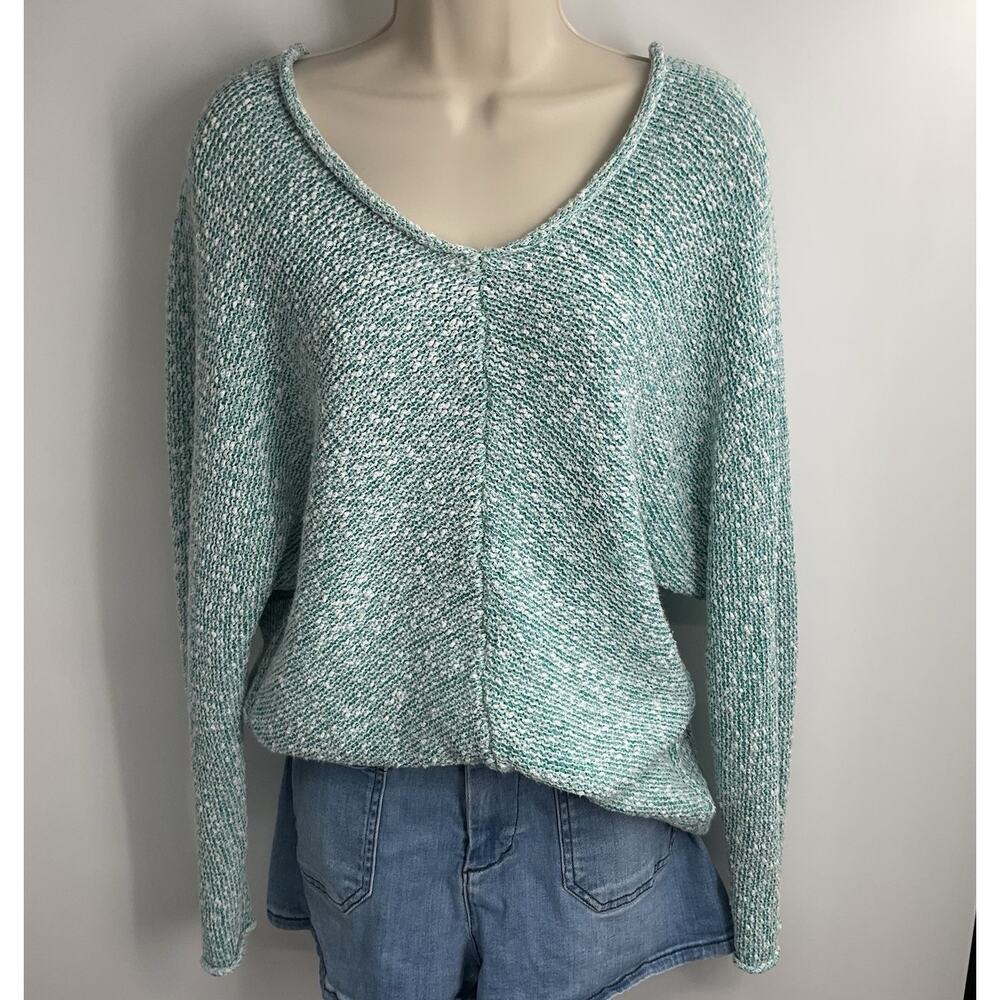 FREE PEOPLE Chic Turquoise Blue Sweater Large Rolled V-neck
